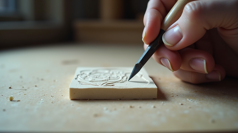 Eye-level view of a linocut block being carved with a gouge
