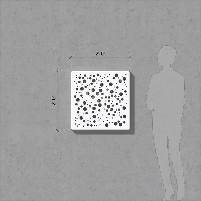 C2E 2 ft by 2 ft single-panel mockup showing one panel tile of the larger multi-panel perforated metal composition with human scale reference