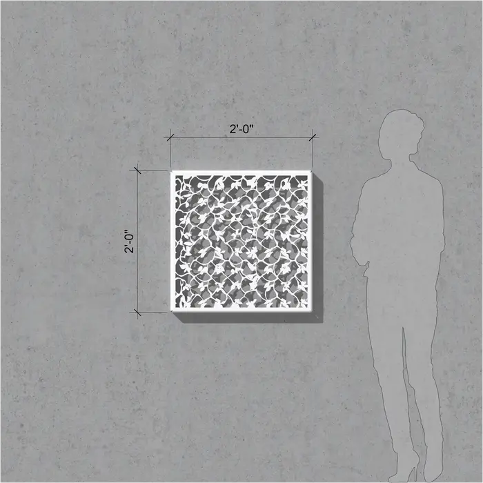 B2Z 2 ft by 2 ft perforated metal sample panel showing layered botanical vines, leaves, and small flower-like forms with a garden-trellis character with human scale reference