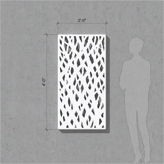 B2S 2 ft by 4 ft perforated metal sample panel showing organic branching forms inspired by light filtering through different sizes of branches in a vertical architectural panel format