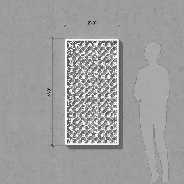 B2Z 2 ft by 4 ft perforated metal sample panel showing layered botanical vines, leaves, and small flower-like forms with a garden-trellis character in a vertical architectural panel format