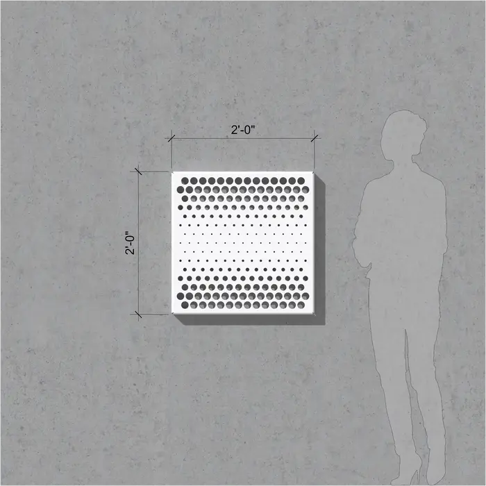 C2F-2 2 ft by 2 ft single-panel mockup showing one panel tile of the larger multi-panel perforated metal composition with human scale reference