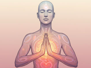 Ethereal, cartoony illustration of a human silhouette with hands in prayer position, featuring soft, swirling light and colors around the throat, heart, and solar plexus, against a serene gradient background.
