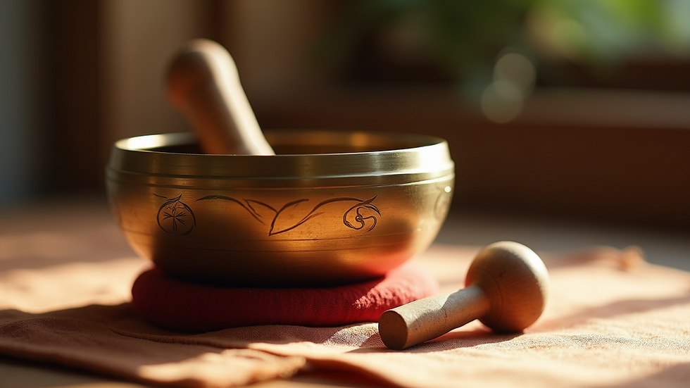 Close-up view of a singing bowl with a mallet on a soft fabric surface