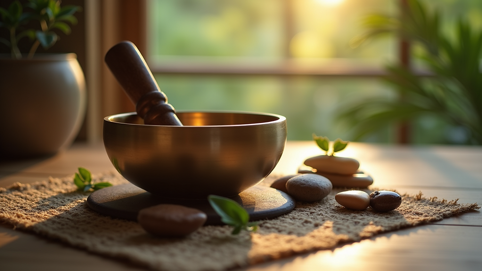 Close-up view of a singing bowl surrounded by calming elements