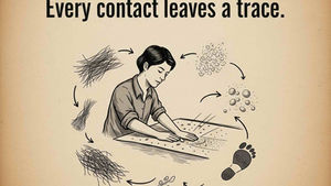 Locard's Exchange Principle highlighting that every interaction leaves behind various forms of trace evidence, such as hair, fibers, and footprints.