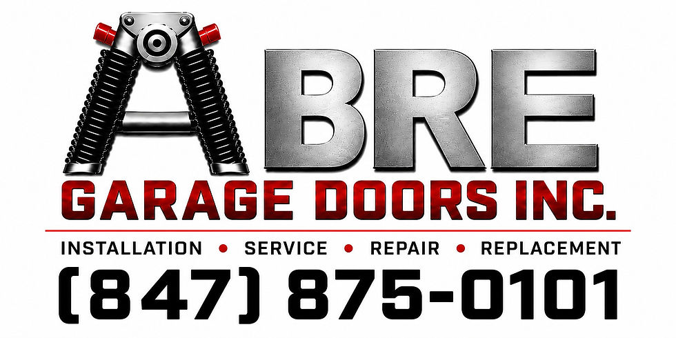 Abre Garage Doors Inc logo sticker with large metallic A shaped like garage springs, red text GARAGE DOORS INC., and phone number (847) 875-0101