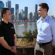 Two real estate professionals in conversation with the Brisbane city skyline in the background.