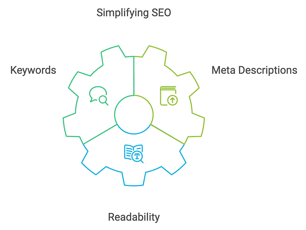 Diagram titled "Simplifying SEO," showing a gear icon divided into three sections. Each section represents a key aspect of SEO: "Keywords" with a speech bubble icon, "Meta Descriptions" with a book icon, and "Readability" with an open book icon. The diagram illustrates that these three elements work together as essential components to improve SEO in a straightforward way.