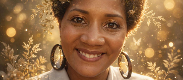 Portrait d’une femme souriante, coiffée de fleurs, dans une lumière dorée avec des papillons et un fond scintillant. (Image optimisée par IA)