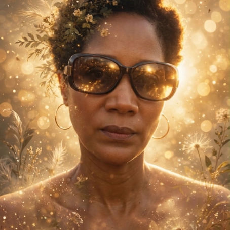 Black woman in sunglasses with a flower hairstyle, bathed in golden light and sparkling blur, serene mood.