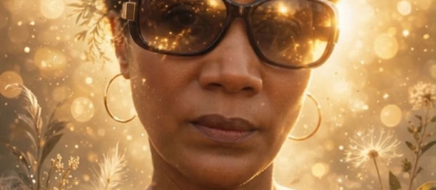 Femme noire en lunettes de soleil, coiffure fleurie, baignée d’une lumière dorée et d’un flou scintillant, ambiance sereine.