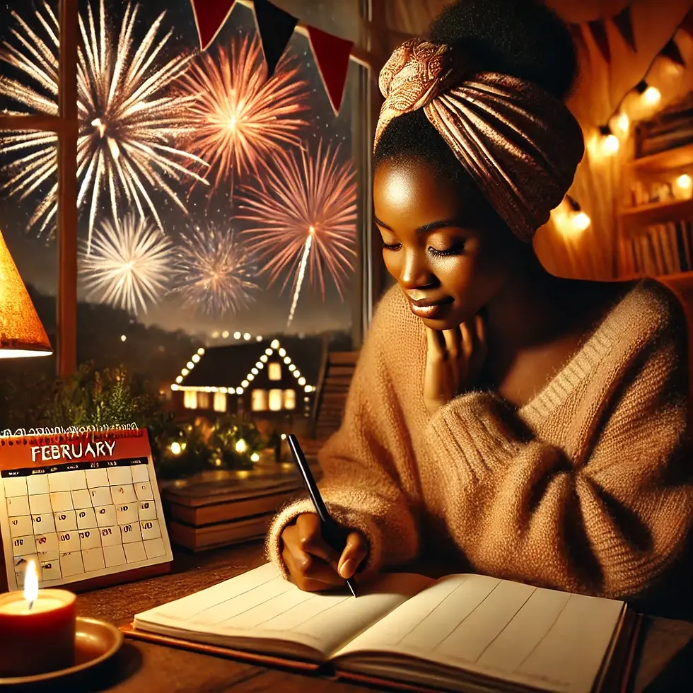 Maman Noire en train d'écrire dans son journal intime, avec son calendrier ouvert en février et des feux d'artifices en arrière plan.