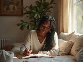 Femme tressant des notes dans un carnet sur un lit, dans une chambre chaleureuse baignée de lumière, avec plantes et coussins crème.