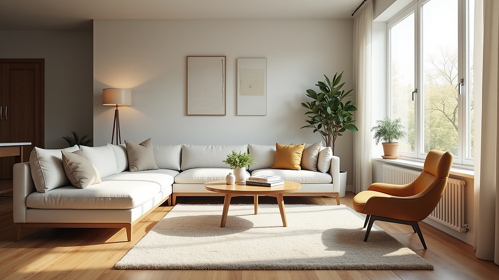 Eye-level view of a modern living room with natural light