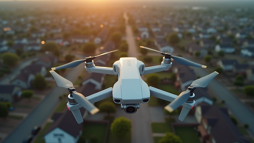 High angle view of a drone capturing a suburban neighborhood