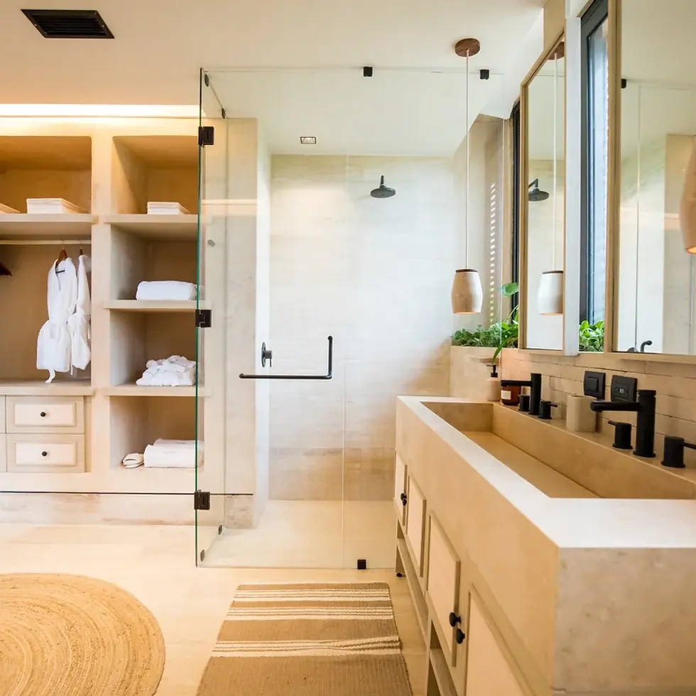 Palm Villas - View of Modern Bathroom at Palm Villas, showcasing Double Vanity, Walk-in Shower.