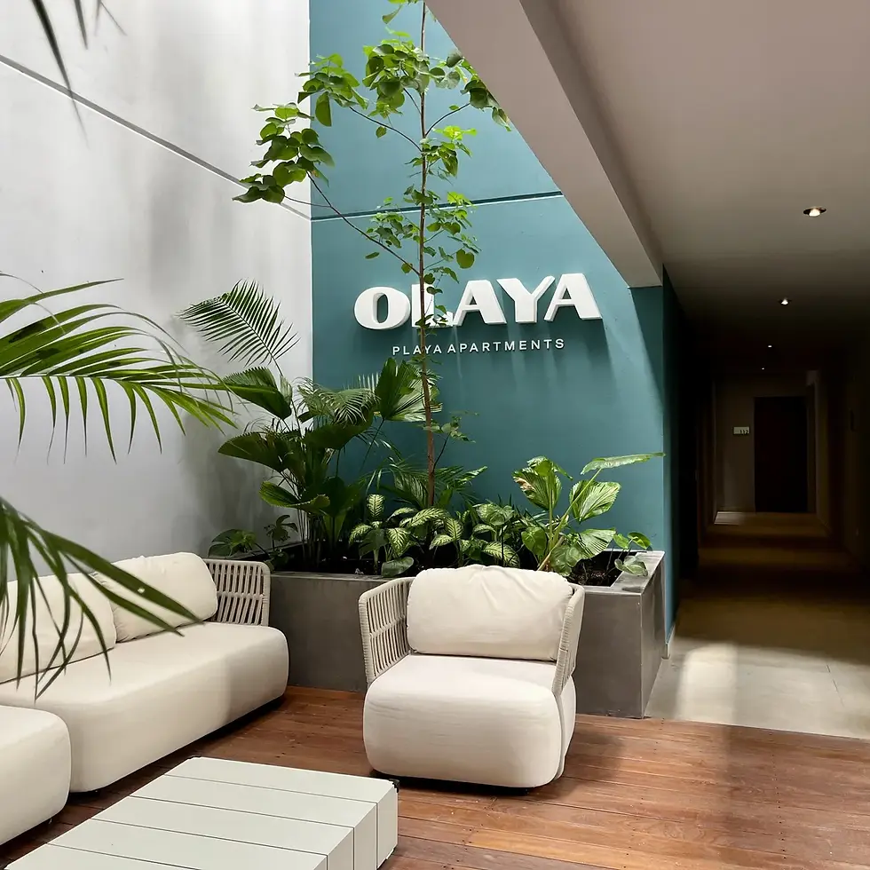 Furnished lobby lounge with Olaya Playa Apartments signage