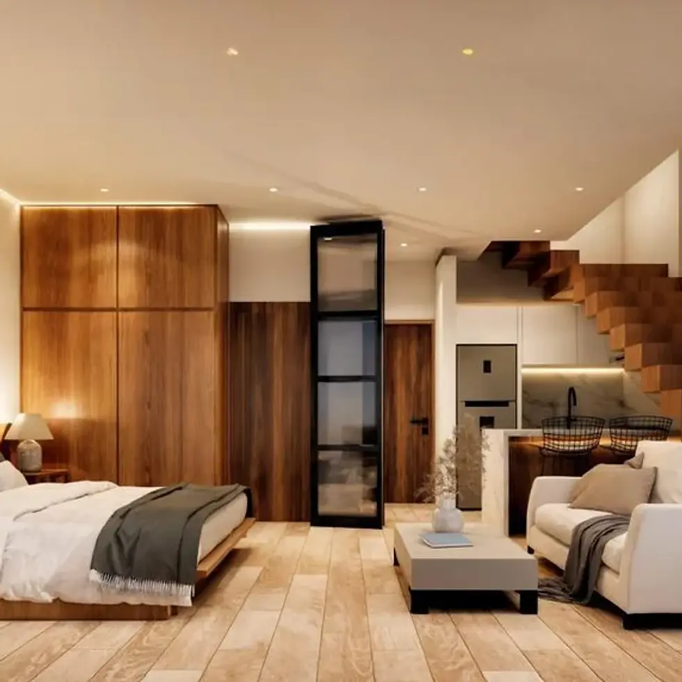 Elysium - View of Modern Studio Apartment at Elysium, showcasing Open Concept Living, Wood Accents.