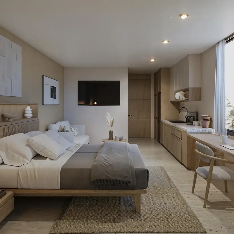 Costera Mamitas - Image of a Studio Apartment, featuring Modern Kitchenette and Built-in Workspace.