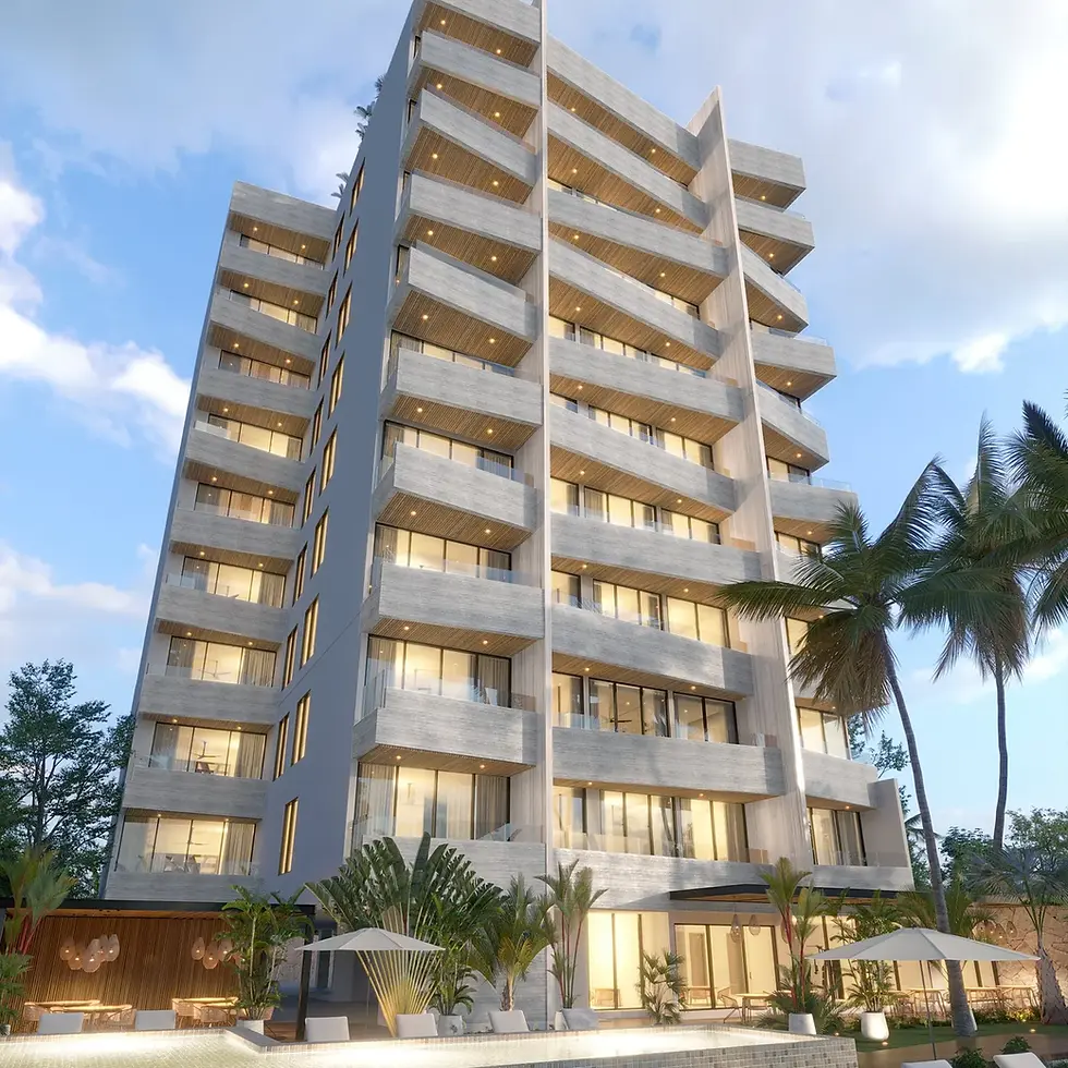 Distrito Puerto - Image of a Modern Condominium, featuring Private Balconies and Concrete Facade.