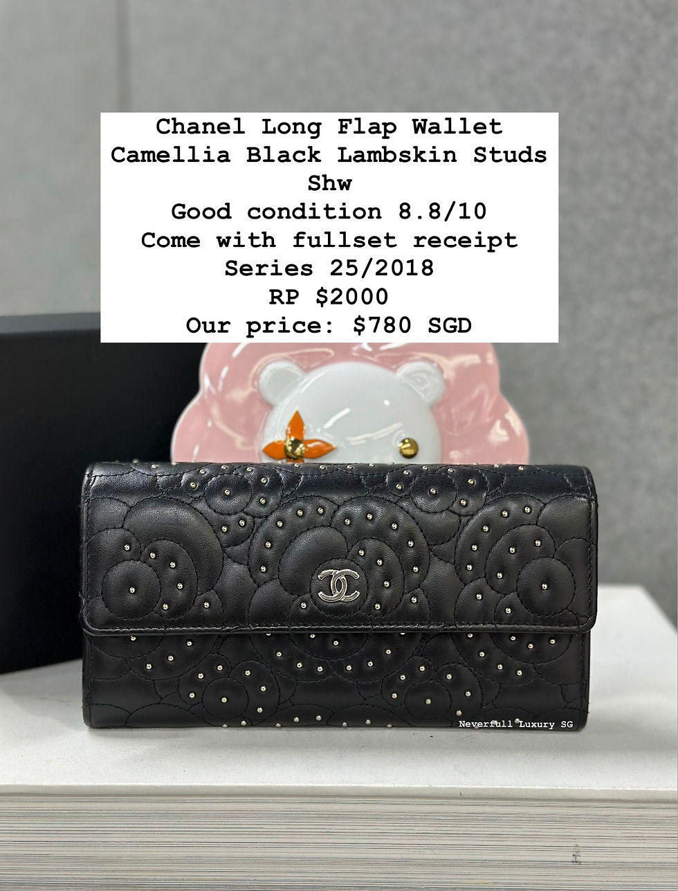 Chanel Long Flap Wallet, black lambskin with studs, good condition, $780 SGD