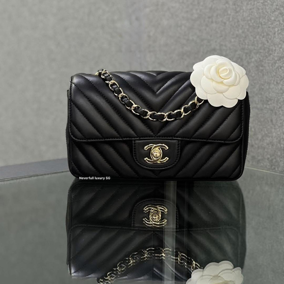 Chanel Classic Mini Rectangular Chervon in Black Front View