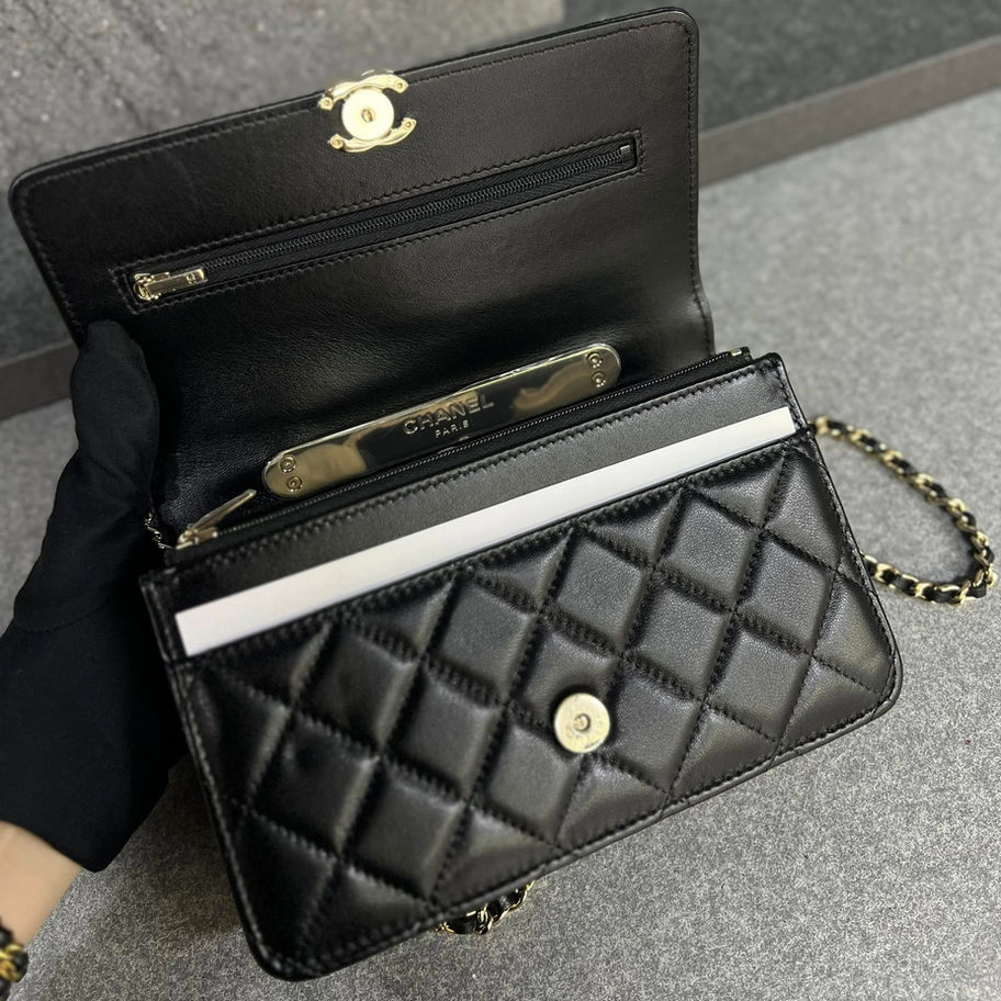 Chanel WOC Top Handle 22A in Black Open Flap View