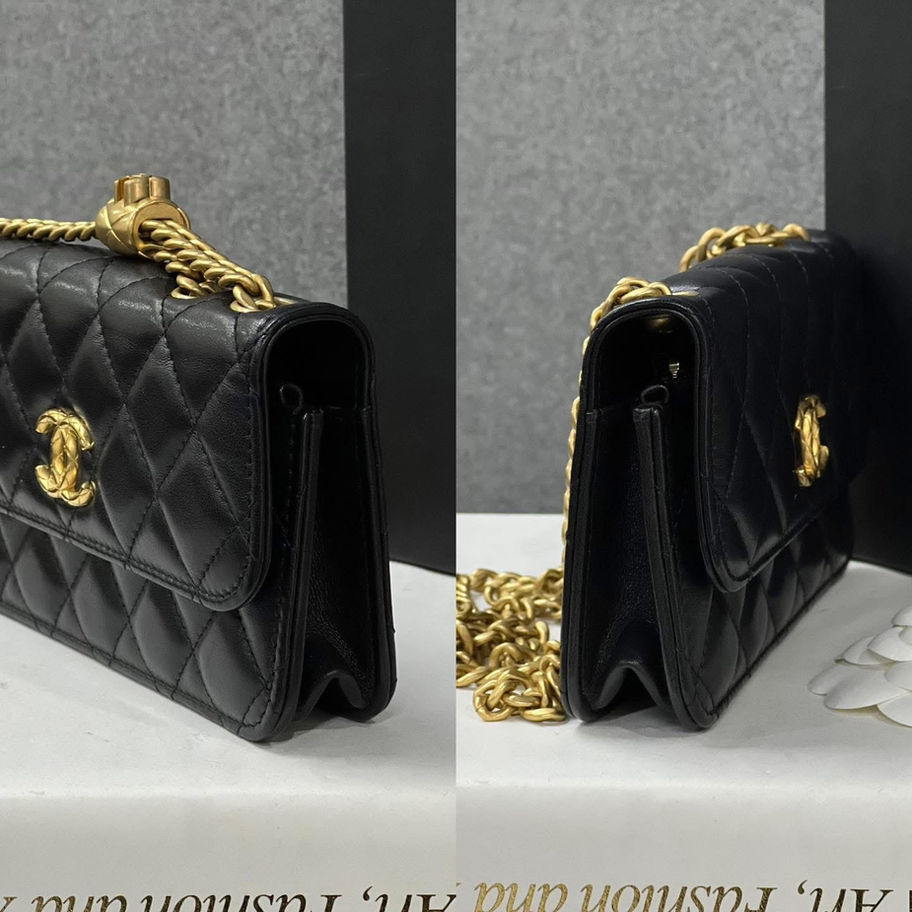 Black quilted Chanel mini square bag with gold chain