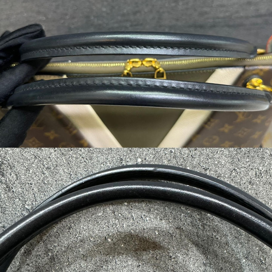 Close-up of Louis Vuitton bag handles showing damage