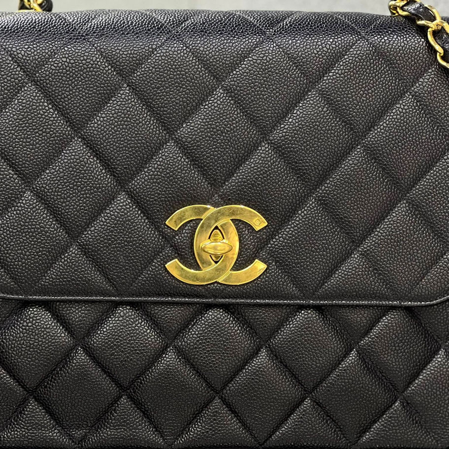 Chanel Vintage Large Square Bag in Black Front Close Up View