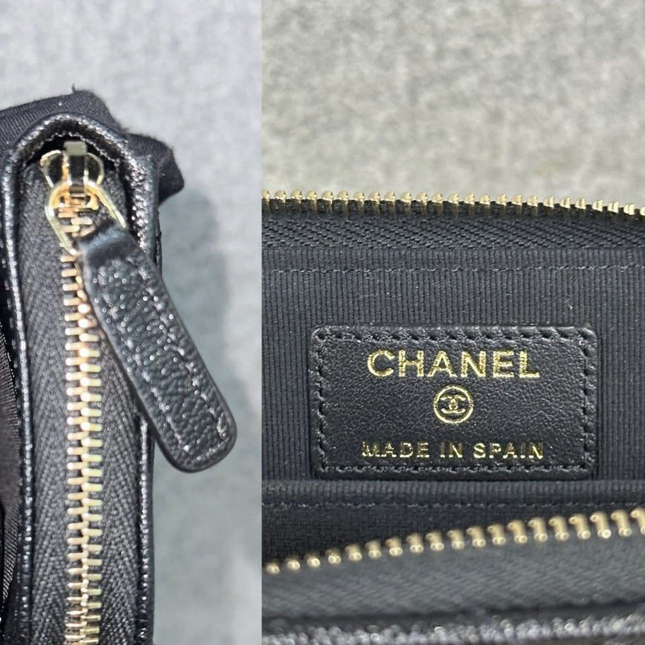 Chanel 22B Vertical Zippy Compact Wallet in Black Zip and Stamp View