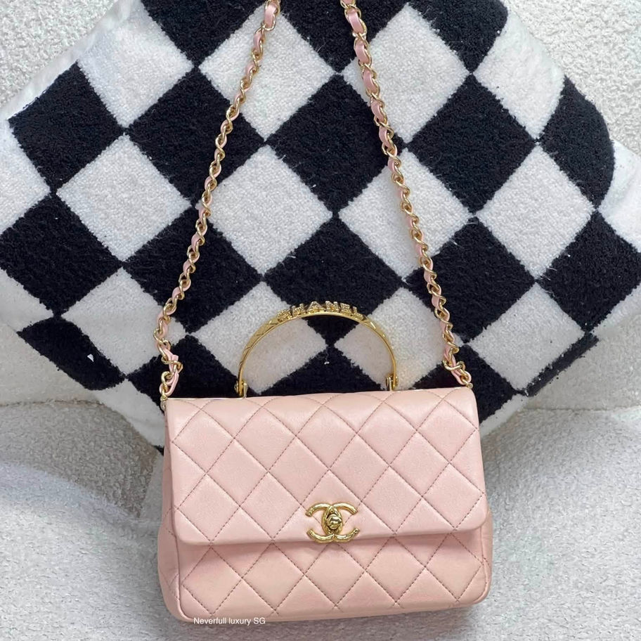 Chanel Mini Flap with Top Handle 24C in Pink Front View