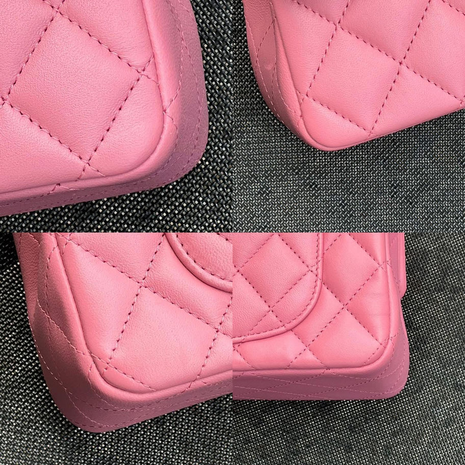 Pink quilted leather Chanel handbag detail