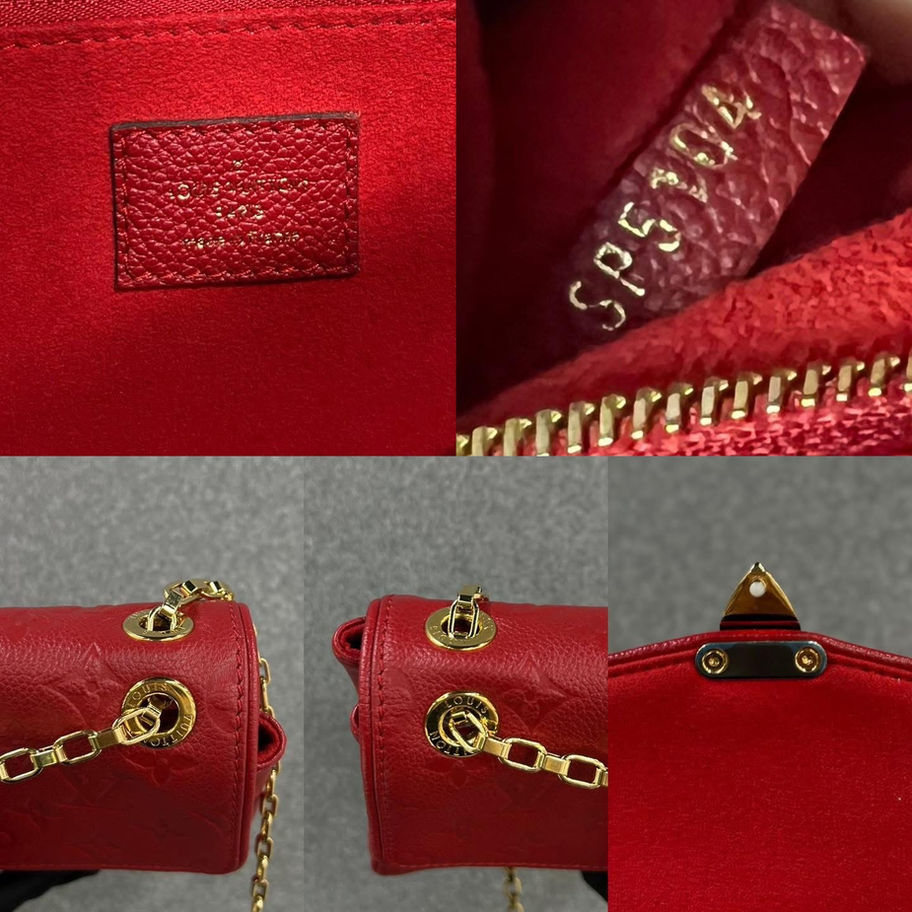 Red Louis Vuitton handbag details: SP5204, gold chain, leather