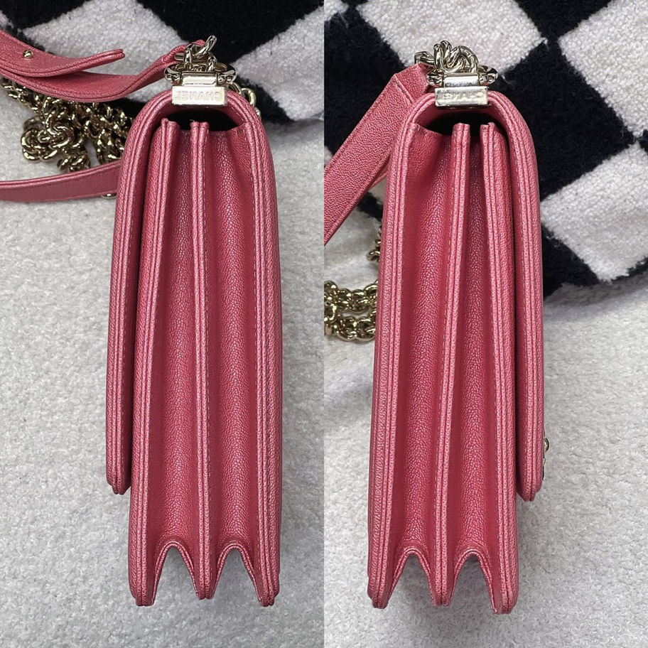 Chanel Boy Vertical 19S in Pink Iridescent Side View