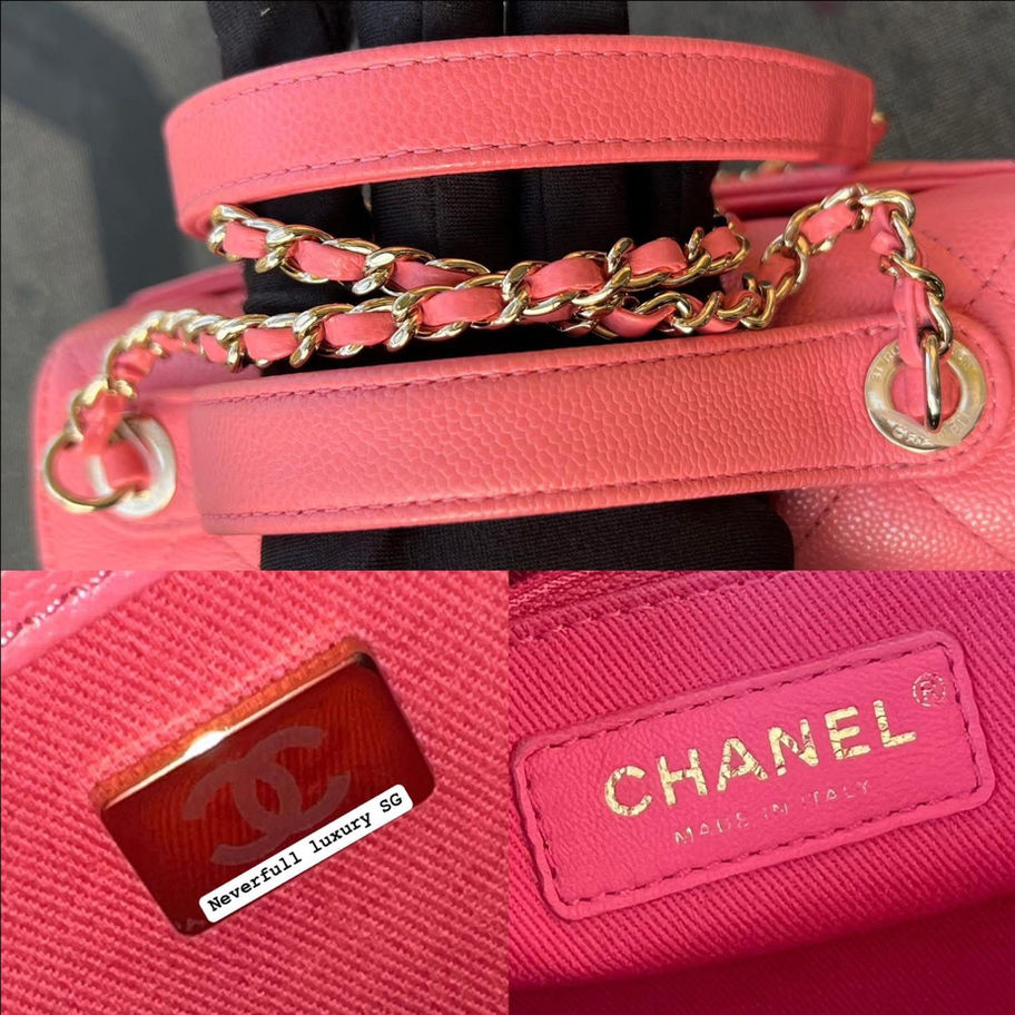 Chanel coral pink handbag, gold chain, logo