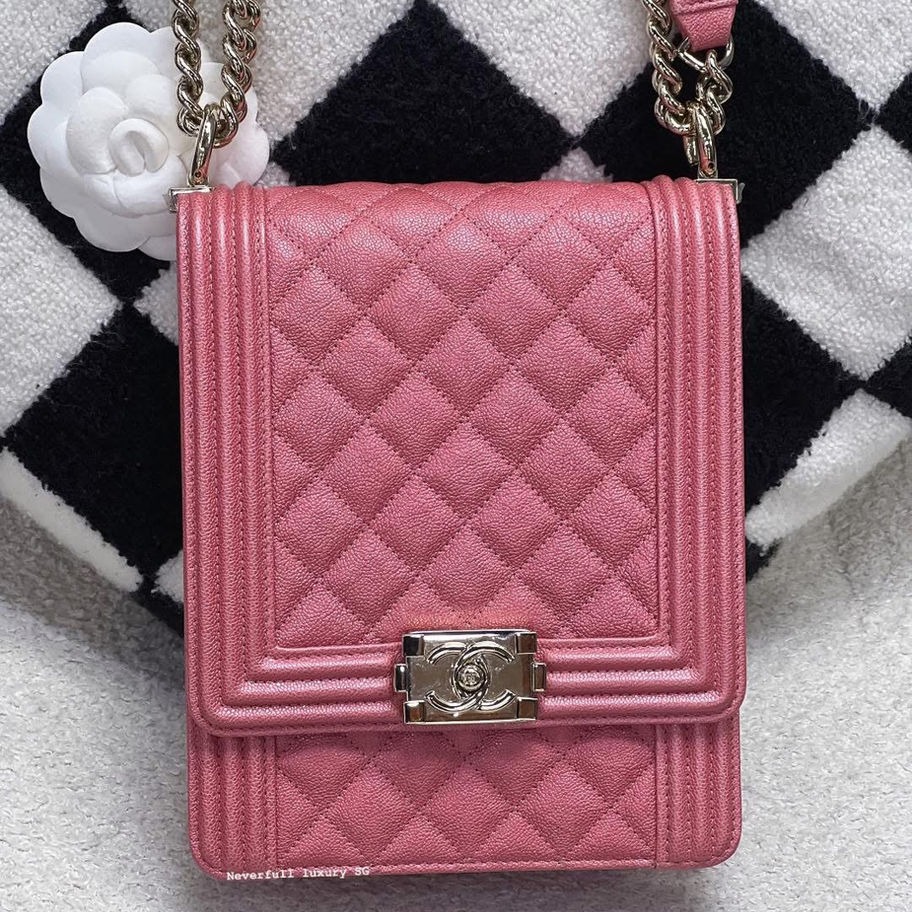 Chanel Boy Vertical 19S in Pink Iridescent Close up Front View