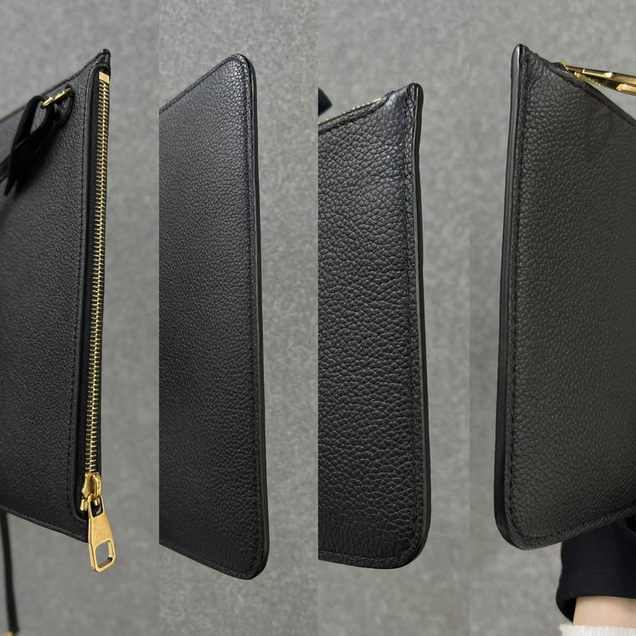 Black leather clutch bag shown from multiple angles
