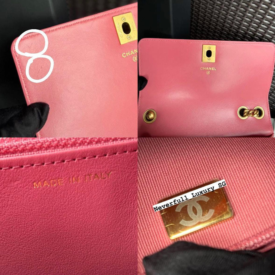Pink Chanel bag details: interior, exterior, and logo