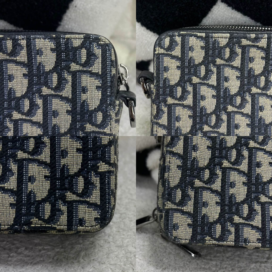 Christian Dior Zipped Pouch in Blue Ecru Oblique Embroidery Corner View
