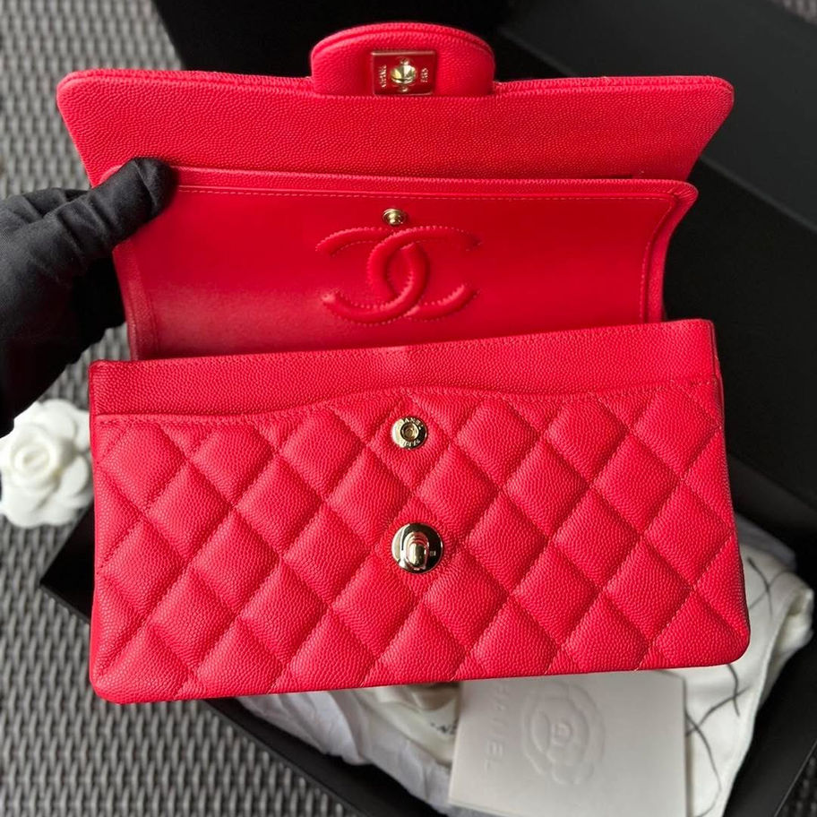 Red Chanel Boy bag, open, showing interior details
