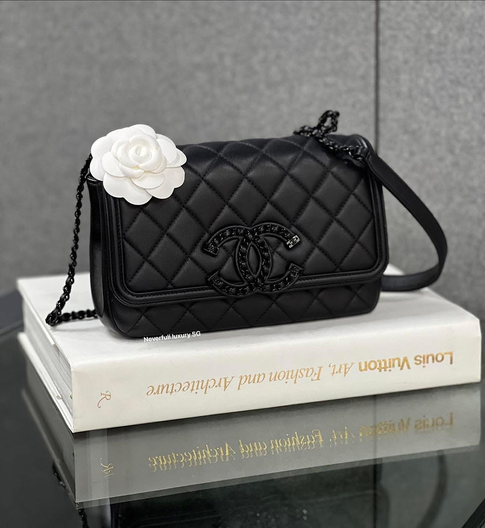 Black quilted Chanel handbag with camellia