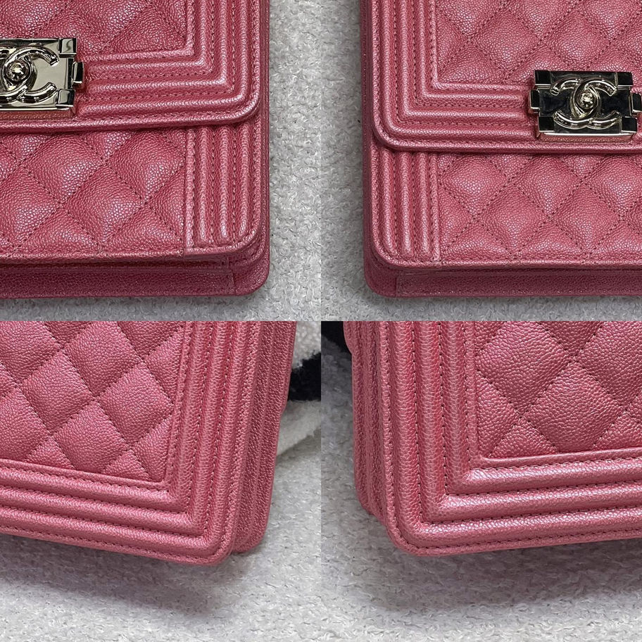 Chanel Boy Vertical 19S in Pink Iridescent Corner View