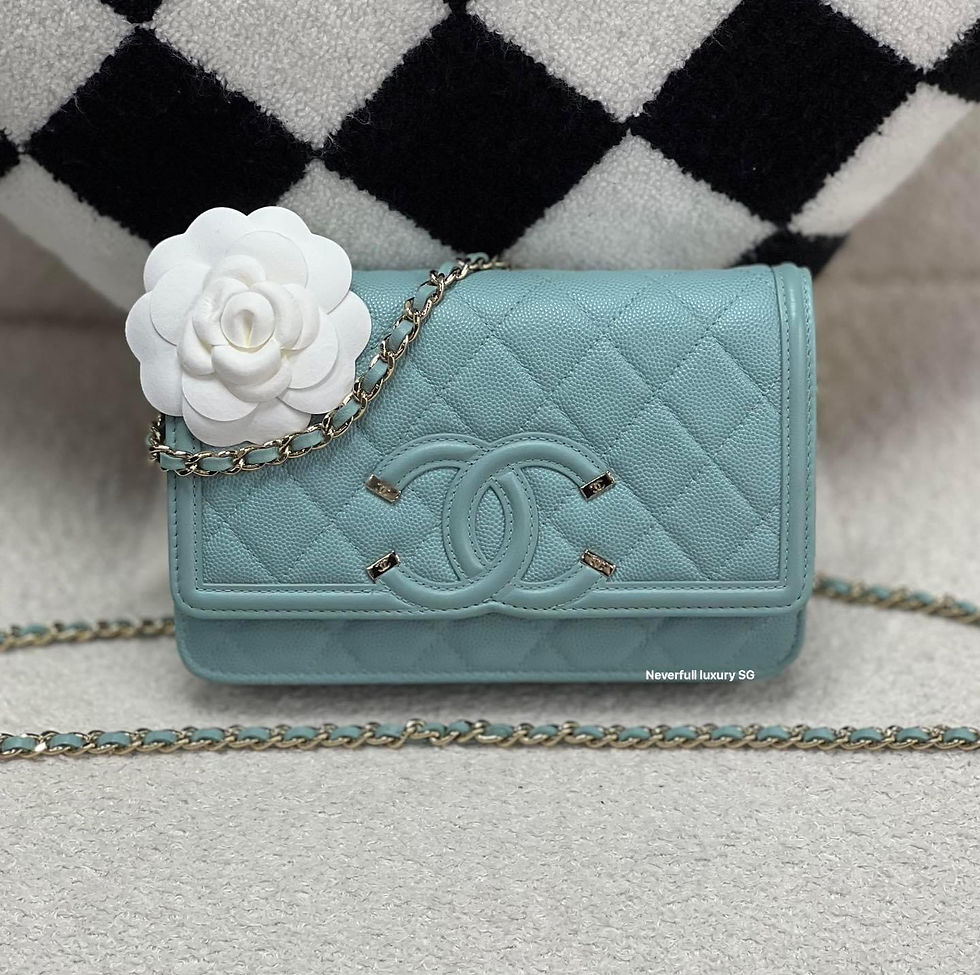Chanel WOC Filigree 19C light blue quilted leather wallet on chain with camellia