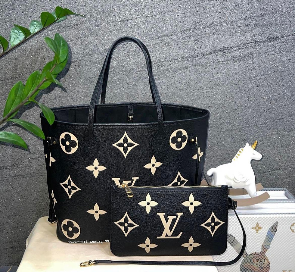 Black Louis Vuitton Neverfull tote and matching pouch