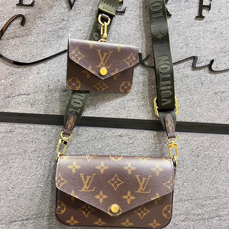 Brown Louis Vuitton crossbody and card holder with green strap