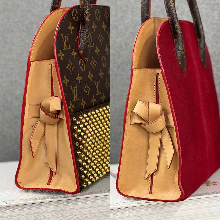 Red and brown Louis Vuitton tote bag with gold studs