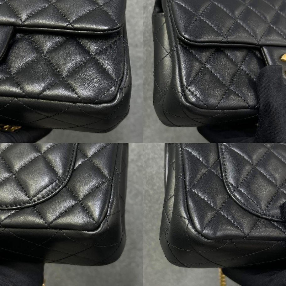 Black quilted leather Chanel handbag details