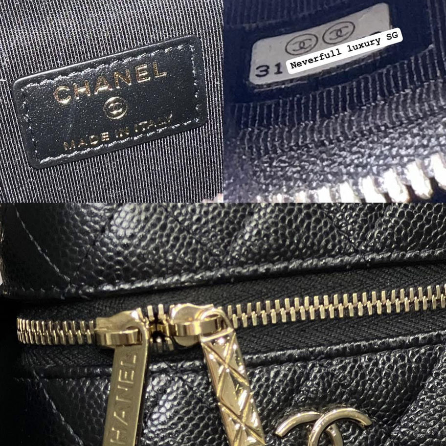 Chanel bag details: black leather, gold zipper, Made in Italy tag